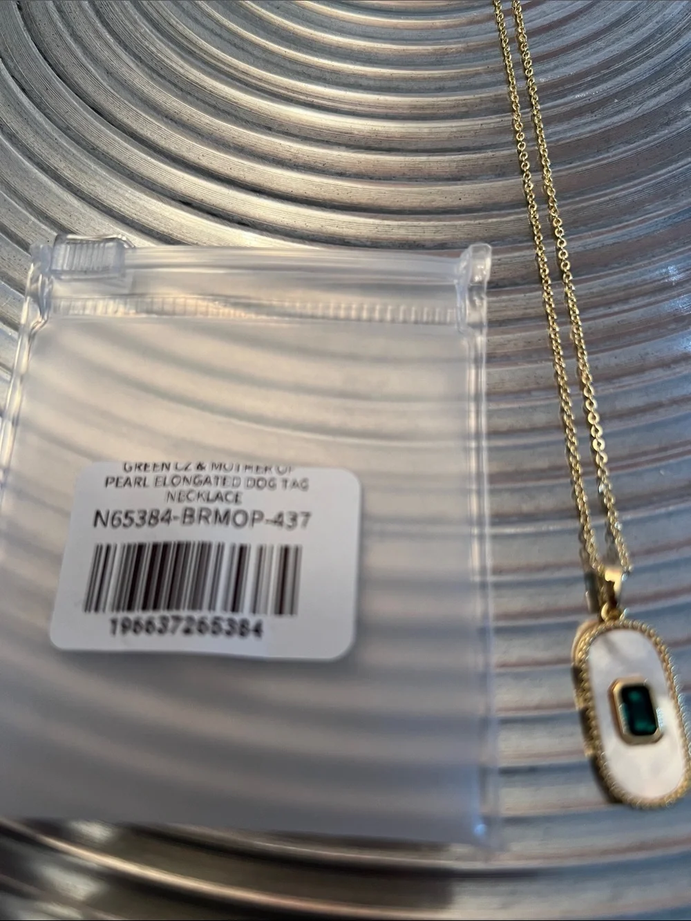 ADINA EDEN Gold Tone Dog Tag Nexklace with White Mother of Pearl and Green CZ